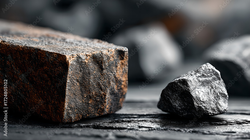 Fototapeta premium Raw molybdenum ore crystals on black shale with metallic reflections,showcasing strategic mineral resources and clean energy materials for industrial use.