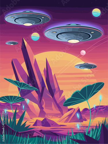 Futuristic sci-fi vector illustration of UFO spaceships flying over alien landscape with glowing plants, purple mountains, and colorful planets in the sky, perfect for posters and digital art