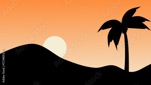 Tropical Sunset Landscape with Palm Tree Silhouette