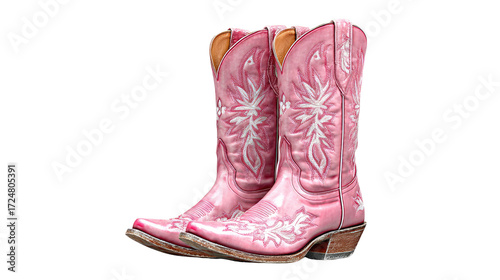 Stylish pink cowboy boots standing upright isolated on white background**
