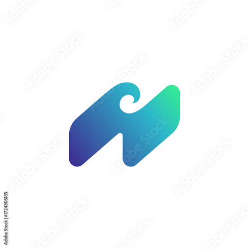 Blue N Letter with Ocean Dynamic Wave, Technology and Coastal Logo Design Vector