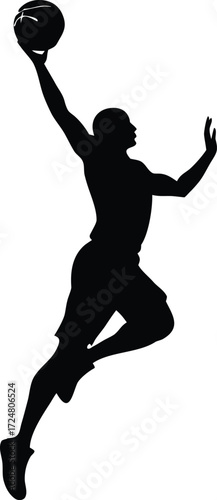 Basketball Player Jumping to Dunk Ball High on Transparent Background