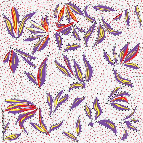 Colorful abstract floral repeating pattern with purple, red, and yellow leaves swirling against a light beige background with dashed red lines.