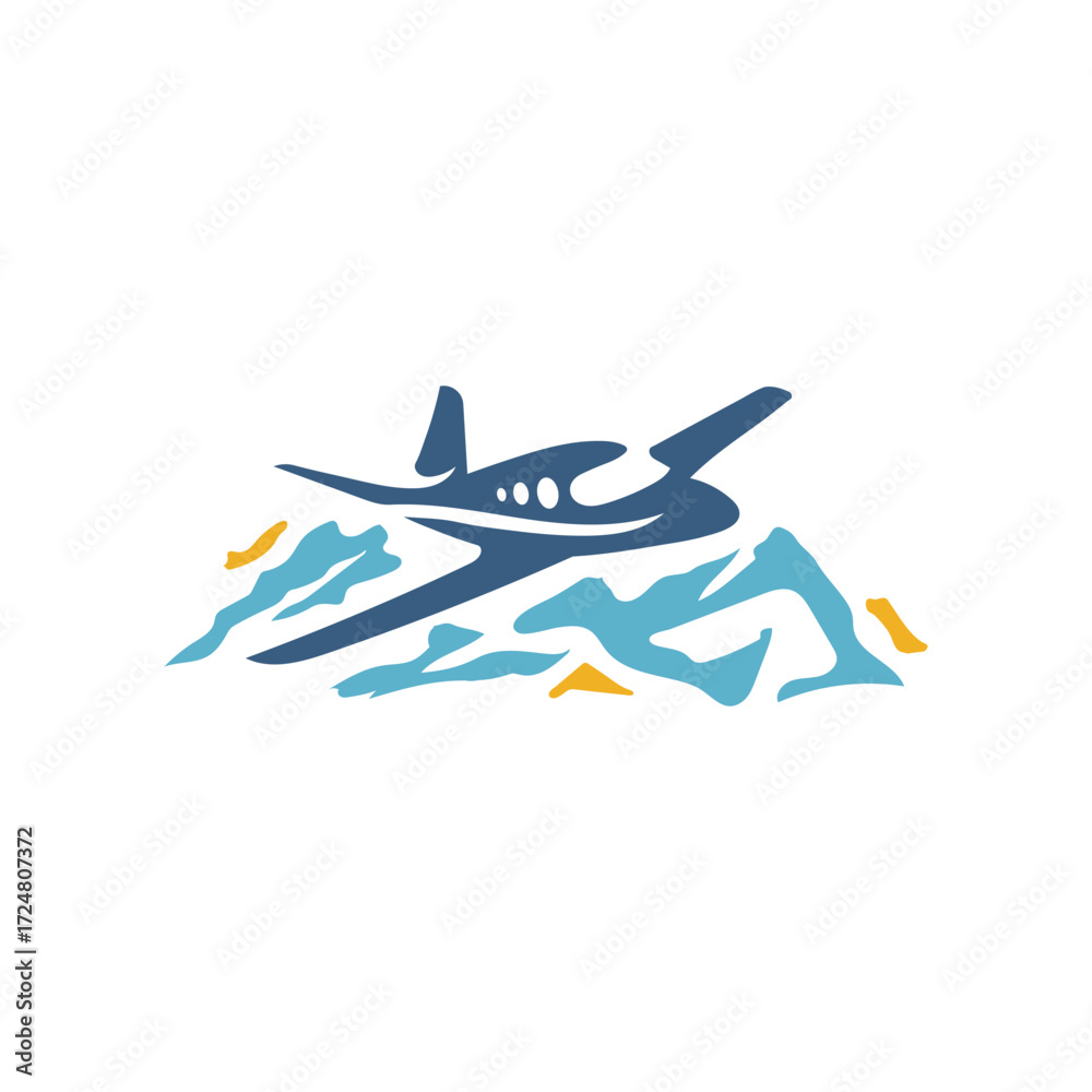 Fototapeta premium Small Plane Flying Through Mountain Valley Aviation Transportation Logo Design Vector