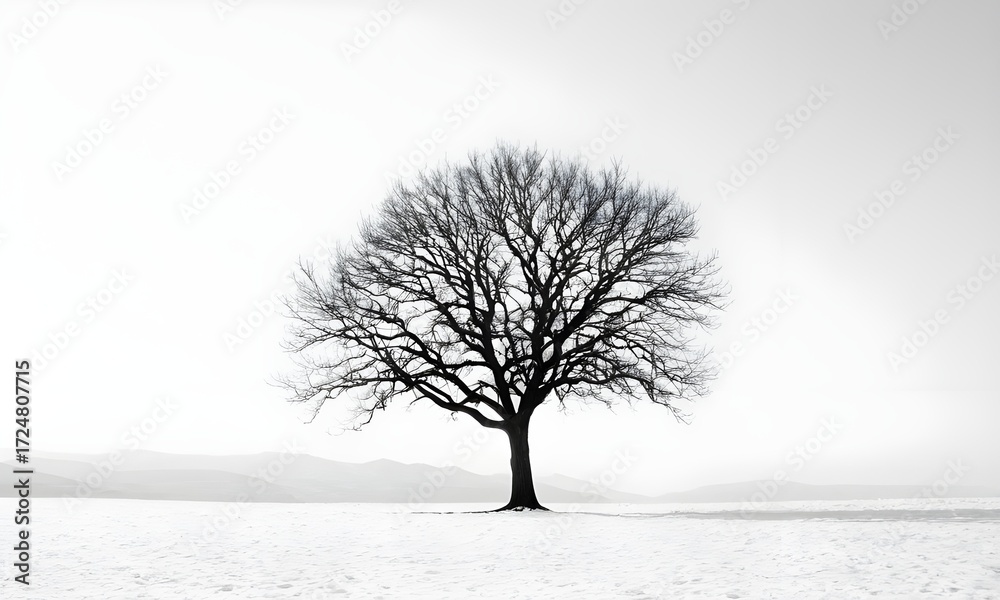 Fototapeta premium Solitary tree stands starkly against a snowy landscape offering a peaceful minimalist aesthetic