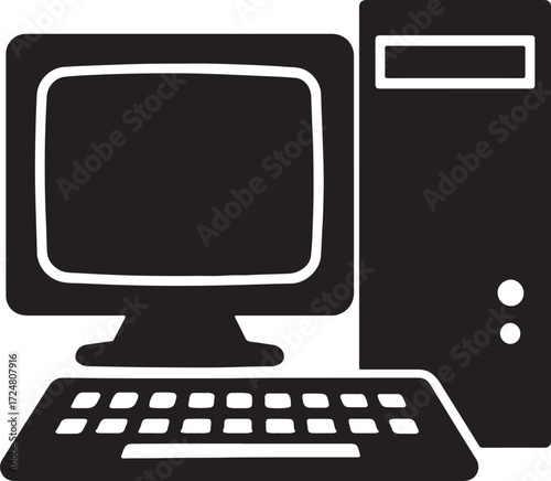 Vector illustration of A sticker of a desktop computer with a blank screen, keyboard, and mouse, perfect for technology or communication concepts