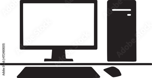 Vector illustration of A sticker of a desktop computer with a blank screen, keyboard, and mouse, perfect for technology or communication concepts