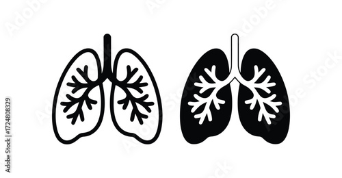 Stylized lung icon set in black and white with bronchial structures, ideal for medical, anatomy, respiratory health, and educational themes