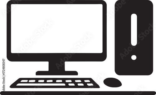 Vector illustration of A sticker of a desktop computer with a blank screen, keyboard, and mouse, perfect for technology or communication concepts