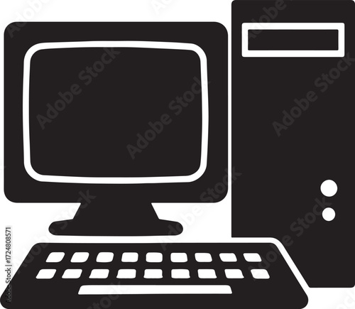 Vector illustration of A sticker of a desktop computer with a blank screen, keyboard, and mouse, perfect for technology or communication concepts
