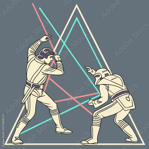 Two warriors with laser swords in a duel with a triangle background