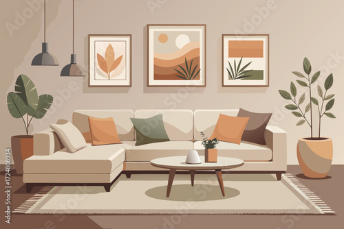 Beige sectional sofa in living room interior design with plants and wall art Minimalist style Vector