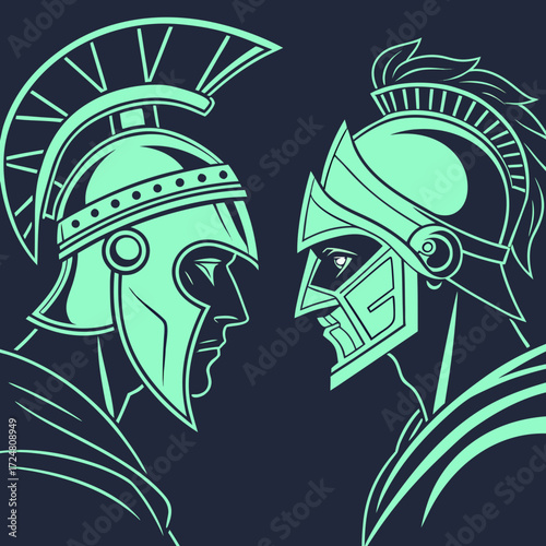 A mint illustration of two spartan warriors facing each other in battle