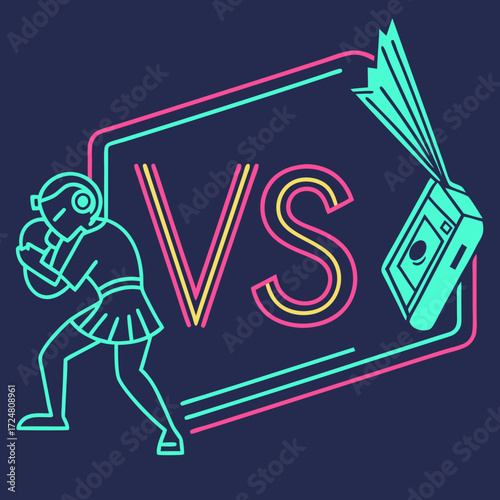 A neon illustration of a sports competition between a player and a camera