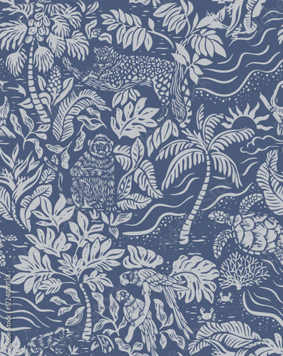 Seamless tropical jungle pattern in monochrome line art style. exotic animals, palm trees, sea turtles, parrots, sloth, and wild plants. Hand-drawn botanical and wildlife illustration for textiles.