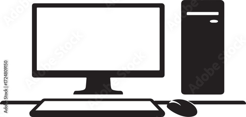 Vector illustration of A sticker of a desktop computer with a blank screen, keyboard, and mouse, perfect for technology or communication concepts