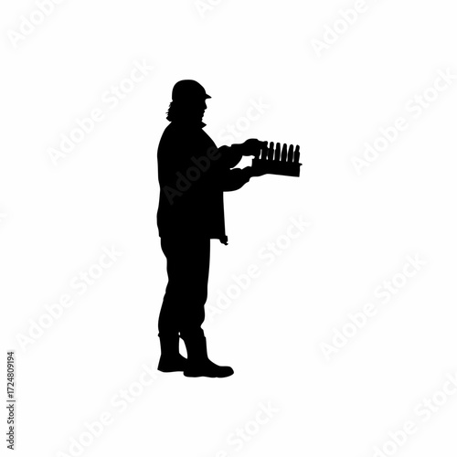 Silhouette of lab sample collector checking inventory of empty tubes isolated on white background