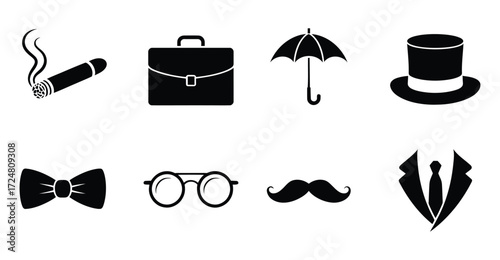 Vintage gentleman icon set featuring silhouette illustrations of top hat, bow tie, cigar, briefcase, mustache, glasses, and suit