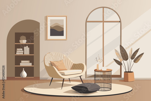 Modern living room interior design Cozy armchair and side table Minimalist style Vector illustration