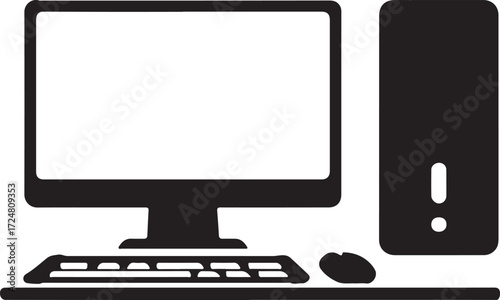 Vector illustration of A sticker of a desktop computer with a blank screen, keyboard, and mouse, perfect for technology or communication concepts