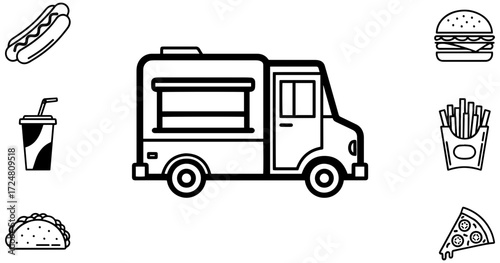 Delicious food truck serving tasty burgers, tacos, fries, pizza, and hot dogs for hungry customers