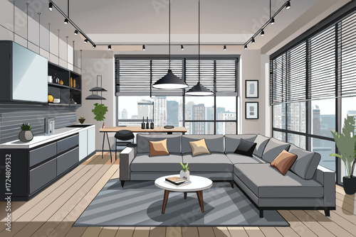 Modern apartment interior design illustration gray sectional sofa city view Vector illustration flat
