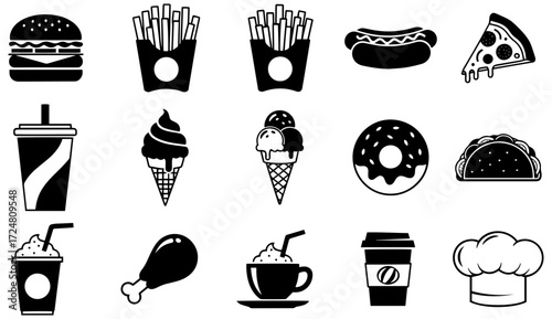 Delicious fast food icons set, perfect for menus, restaurants, catering, and food blogs