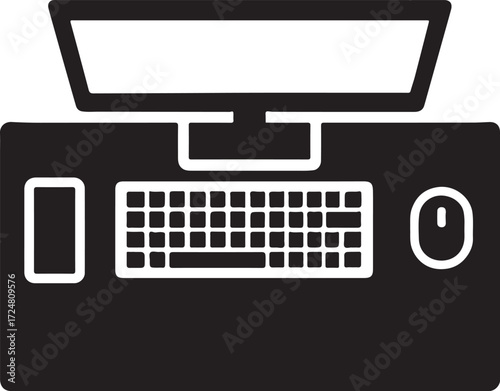 Vector illustration of A sticker of a desktop computer with a blank screen, keyboard, and mouse, perfect for technology or communication concepts