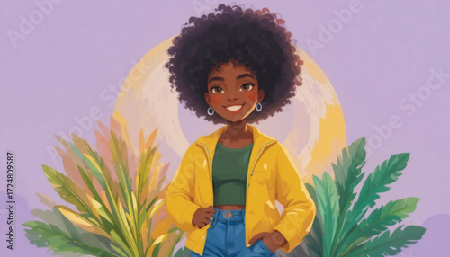 Young African woman with natural afro hairstyle, flat design, casual clothes, positive expression, vector character set, Ai Generate 