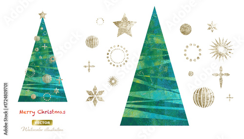 ペイントテクスチャのグリーンのクリスマスツリーと、ゴールドのオーナメントのイラストセット。幾何学的なデザイン。（ベクター）