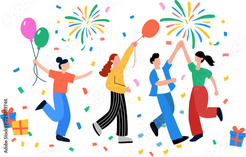 people celebrating with fireworks, balloons, gifts, and confetti. Joyful holiday or party atmosphere, group of friends dancing. Perfect for New Year, birthday, or festival design. Isolated on white