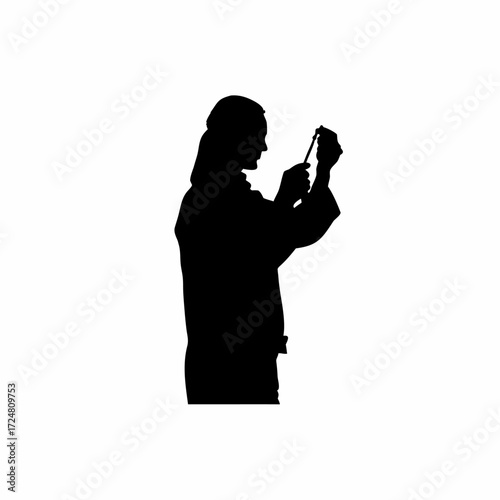 Silhouette of lab sample collector checking ppe isolated on white background
