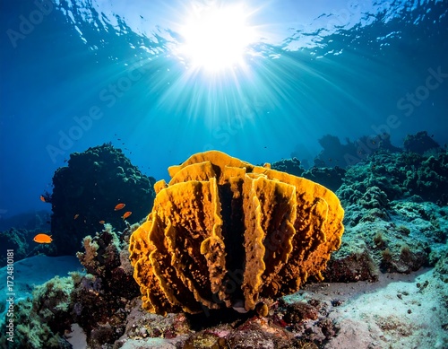 Fototapeta Naklejka Na Ścianę i Meble -  Yellow Underwater Sponge on Coral Reef.