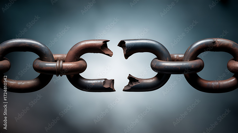 Obraz premium A close-up of a heavy metal chain with a broken link, symbolizing disruption or freedom.