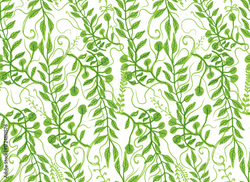 A vibrant green botanical repeating pattern featuring various leaf shapes and tendrils against a white background.