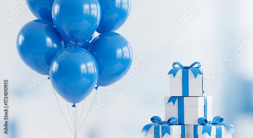 Festive Blue Balloons and Stacked Gifts with Bows
