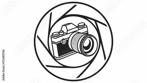 Aperture graphic with vintage camera inside the lens circle in monochrome black and white style art created with generated ai 