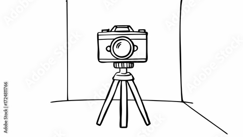 Illustration of a camera on a tripod in a studio setting with a white backdrop and floor space visible created with generated ai 