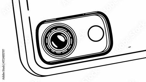 Close up line drawing of a smartphone camera module with lens and flash in black and white style created with generated ai 