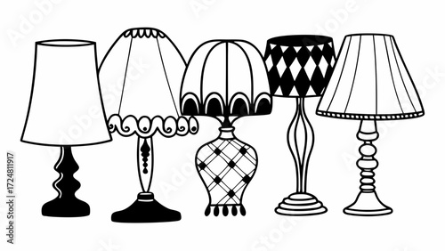 Collection of five different table lamps with unique designs and styles in black and white outline art created with generated ai 