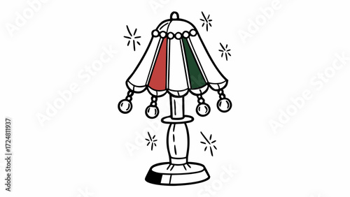 Illustration of a vintage table lamp with red and green accents and decorative hanging orbs design element created with generated ai 