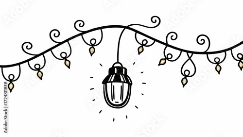 A decorative string of lights with swirls and a hanging lantern in a doodle style illustration created with generated ai 