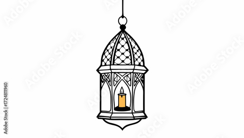 Illustration of a hanging lantern with a candle inside and intricate design details on a white backdrop created with generated ai 