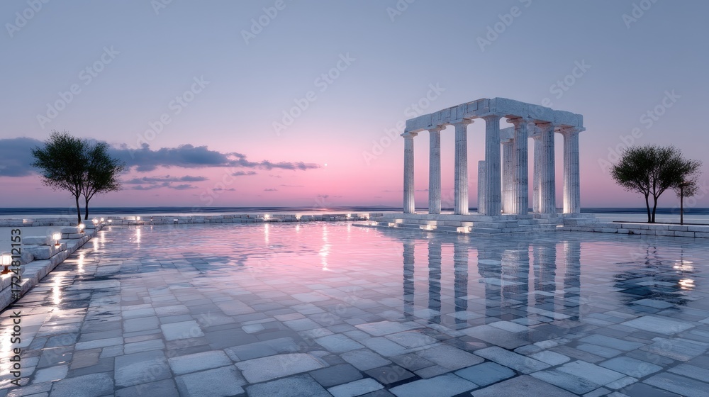 Obraz premium Ancient Temple Ruins with White Columns and Reflective Paved Ground Under Cloudy Pink Sky