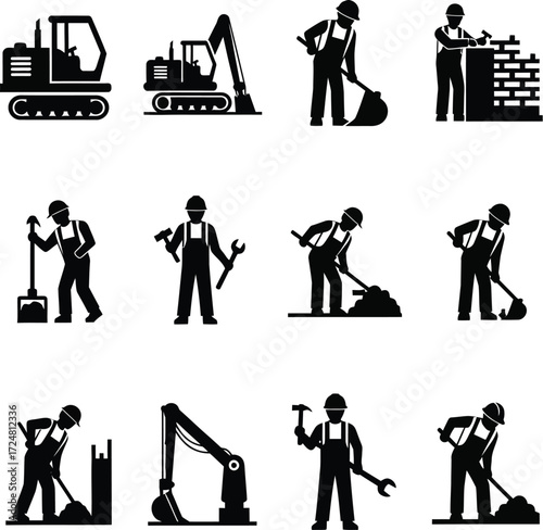 Construction Workers & Machinery Icons: A collection of vector silhouettes showcasing various construction workers and machinery. A simple, clean aesthetic suitable for diverse design needs.