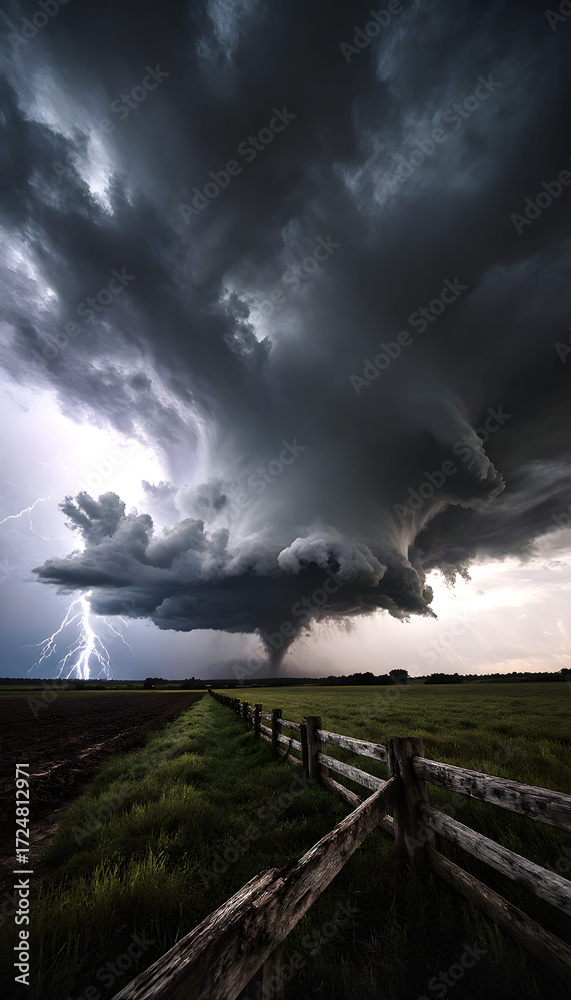 Fototapeta premium Dramatic tornado forming under stormy clouds with lightning in background 
