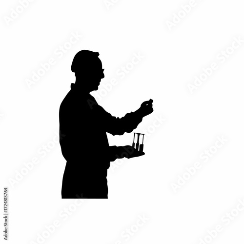 Silhouette of lab technician with saliva sample kit isolated on white background