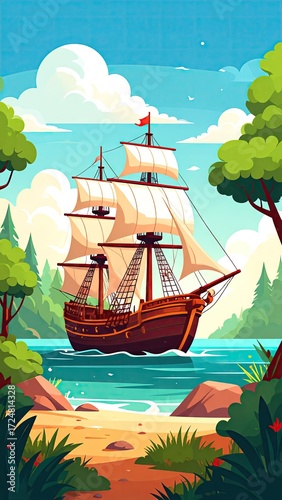 Sailing ship on a sunny shore. Lush landscape surrounds