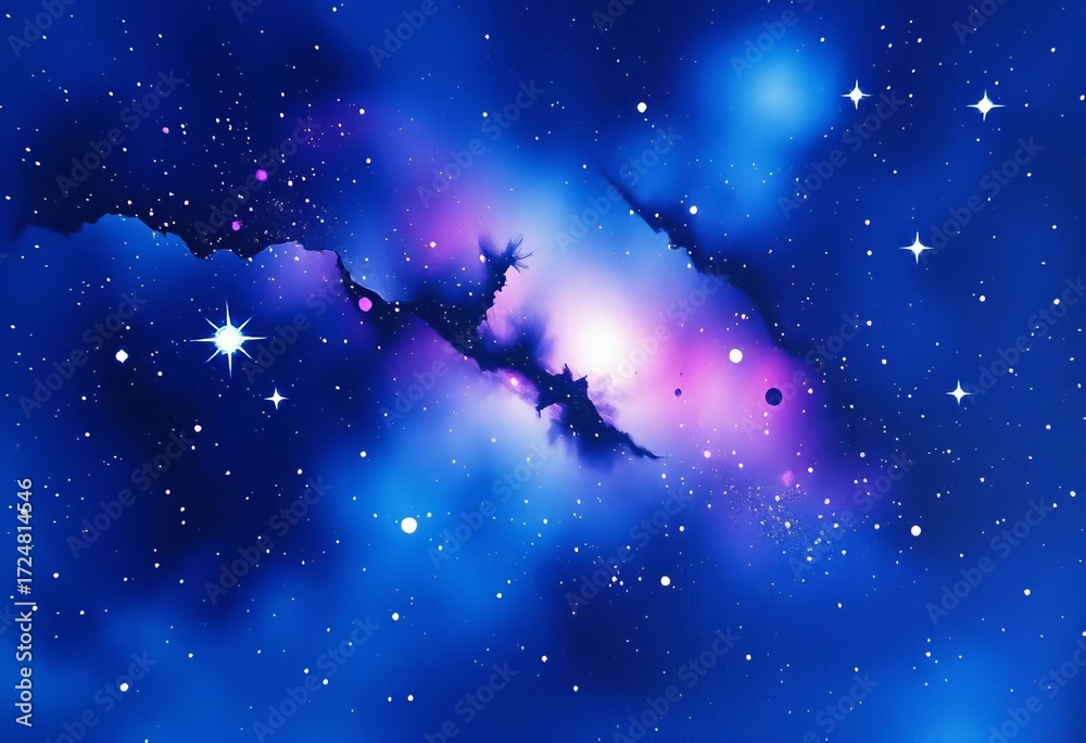 Fototapeta premium Hand-painted dark blue nebula, sparkling purple stars, galaxy on watercolor paper, galaxy, purple