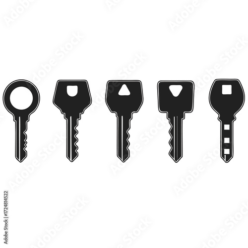 Diverse collection of key silhouettes showing different shapes and designs, including ring-headed, square-headed, and triangular-headed keys, for various security, lock, and access applications.